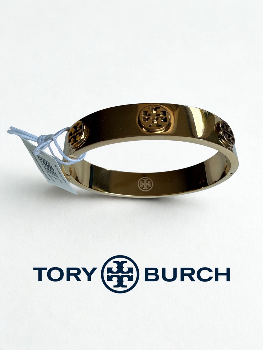NWT Tory Burch Metal Logo Stud Bangle Bracelet Gold New In Box OS